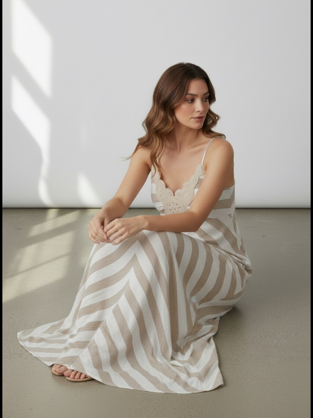 Ella Moss Tan Beige White Striped Crochet Neckline Maxi Dress Small long boho - Picture 2 of 7